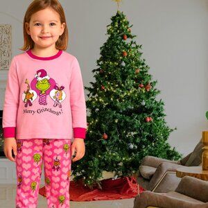 Kids Merry Grinchmas Christmas Pajama Set – Pink Long Sleeve Top & Heart Print